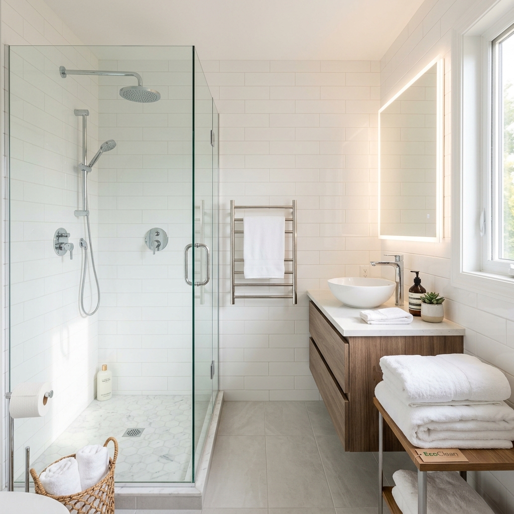 Spotless modern bathroom with gleaming tiles